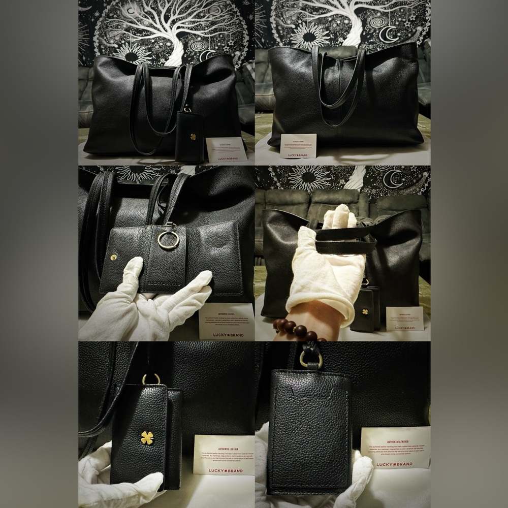 Vintage Y2K Lucky Brand Black soft Leather Tote Bag with keychain wallet laptop - Picture 9 of 17